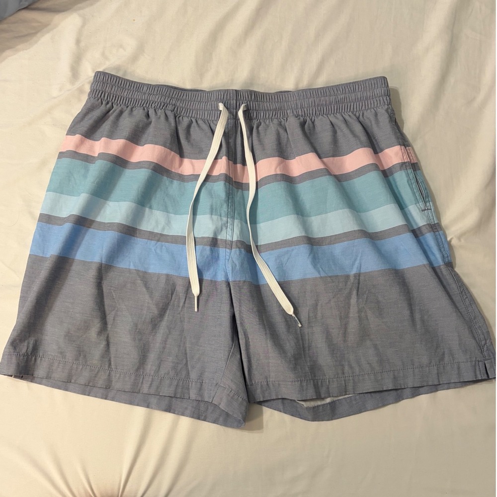 Chubbies Mens Large Striped Swim Trunks Grey Pink Blue ElasticWaist Board Shorts